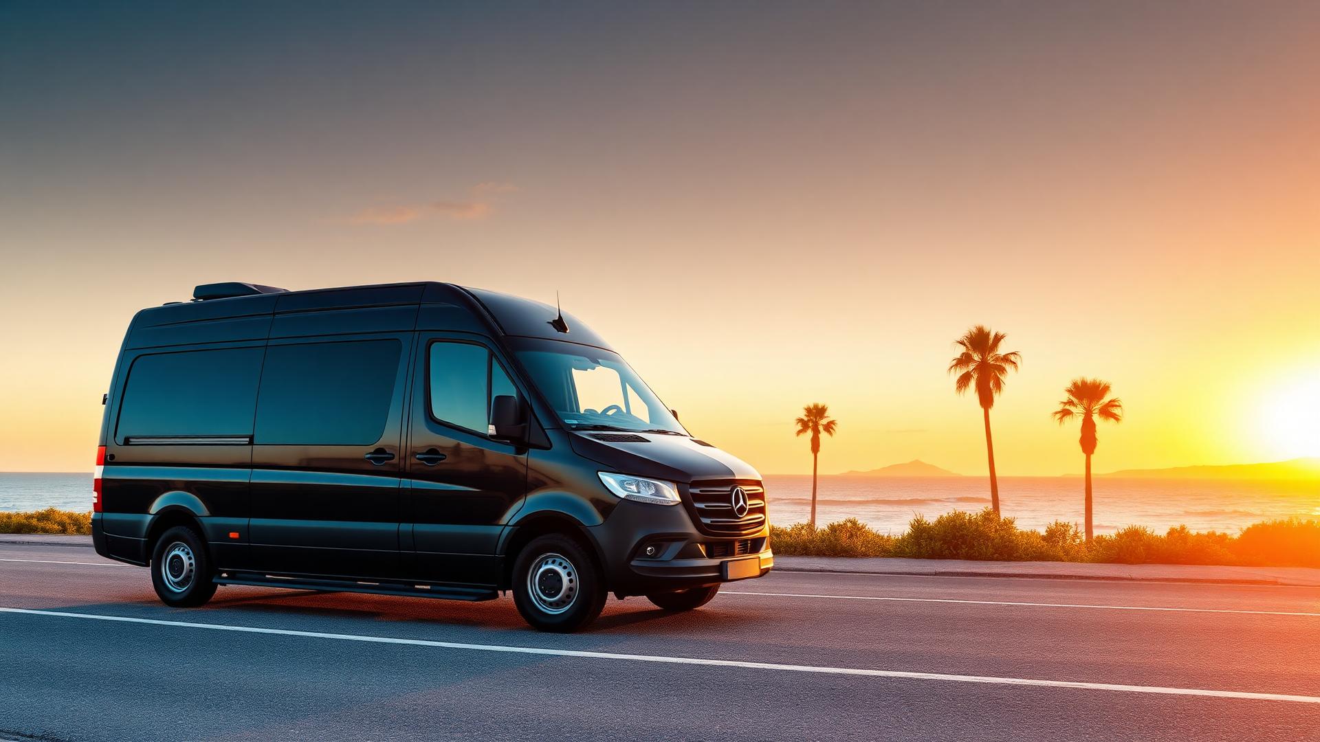 Black Sprinter van at sunset